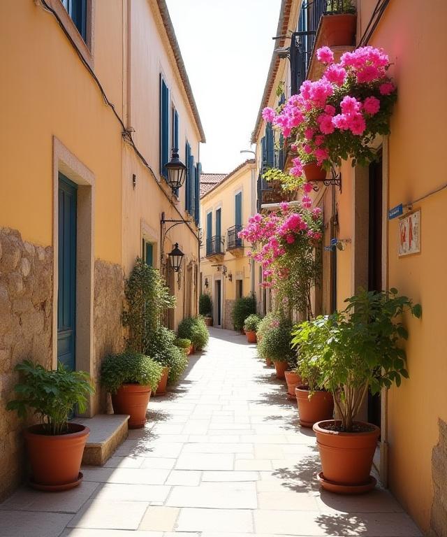 Un caratteristico vicolo colorato di Procida, con architetture storiche e l'accento dei fiori sulle pareti.